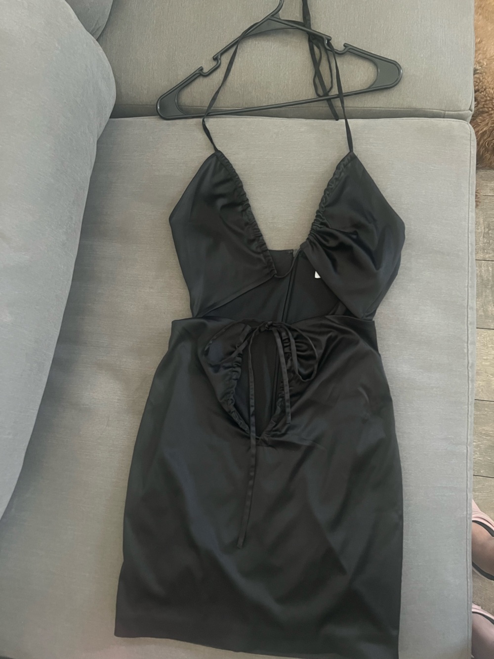 Black Satin V-Neck Women's Dress